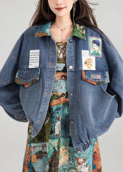 Coat Bow Patchwork Blue Button Denim Loose Spring