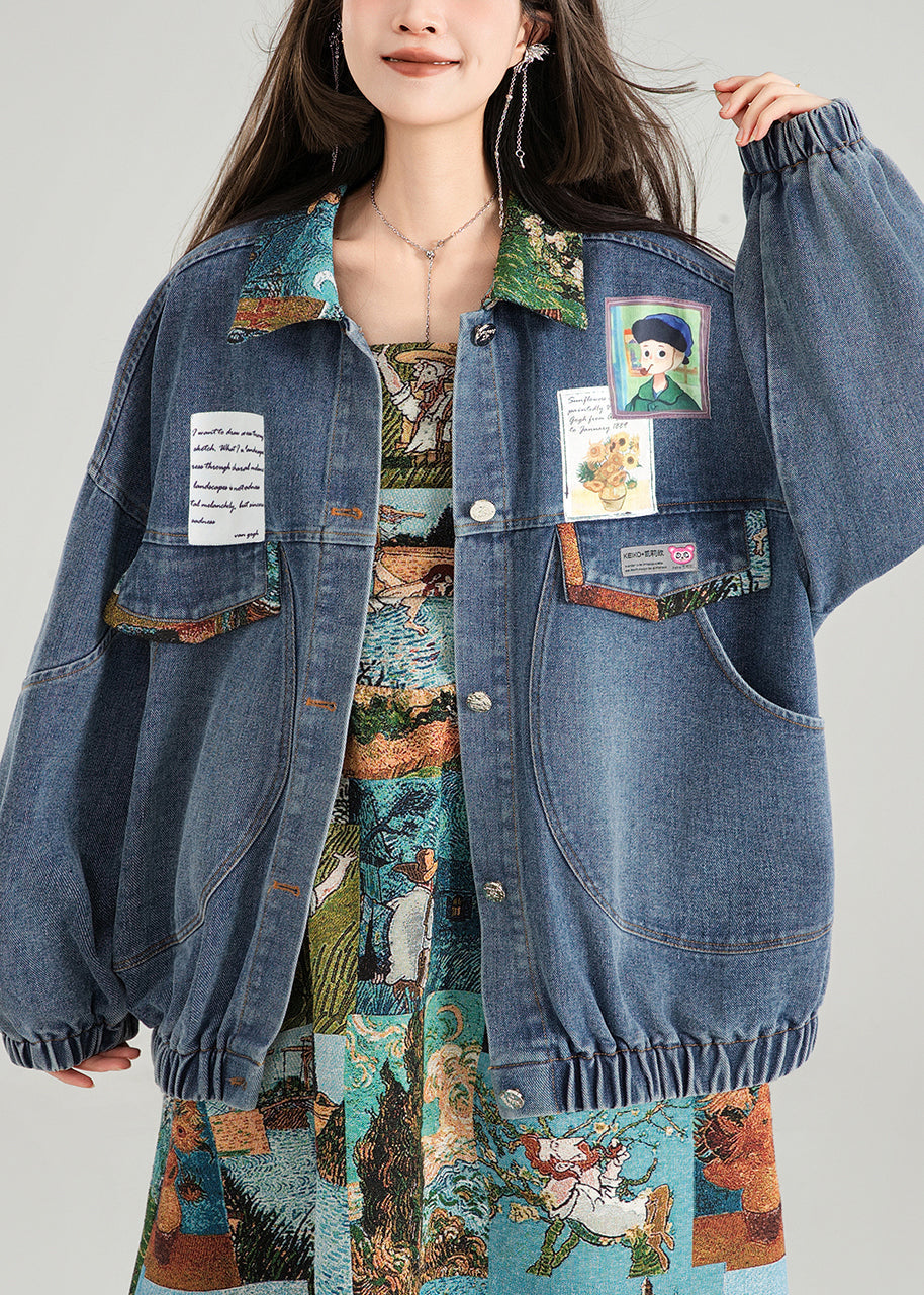 Coat Bow Patchwork Blue Button Denim Loose Spring