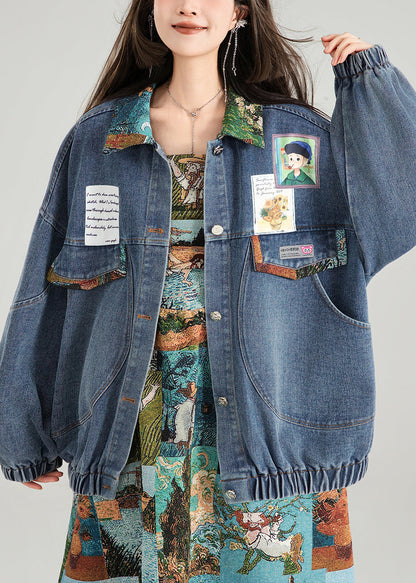 Coat Bow Patchwork Blue Button Denim Loose Spring