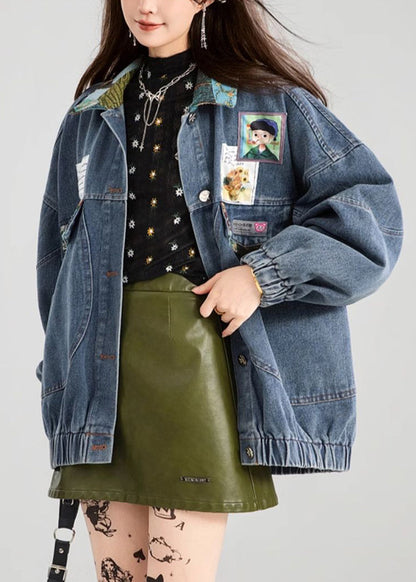 Coat Bow Patchwork Blue Button Denim Loose Spring