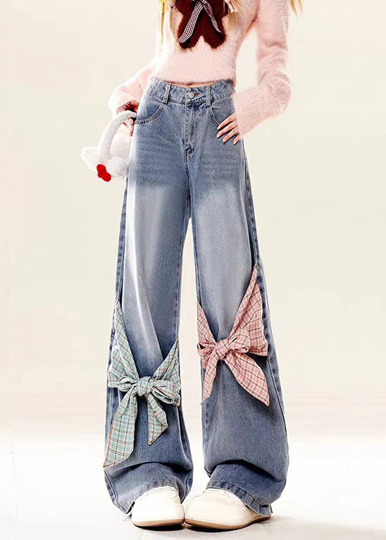 Bow Spring High Pockets Denim Pants Waist Loose Blue