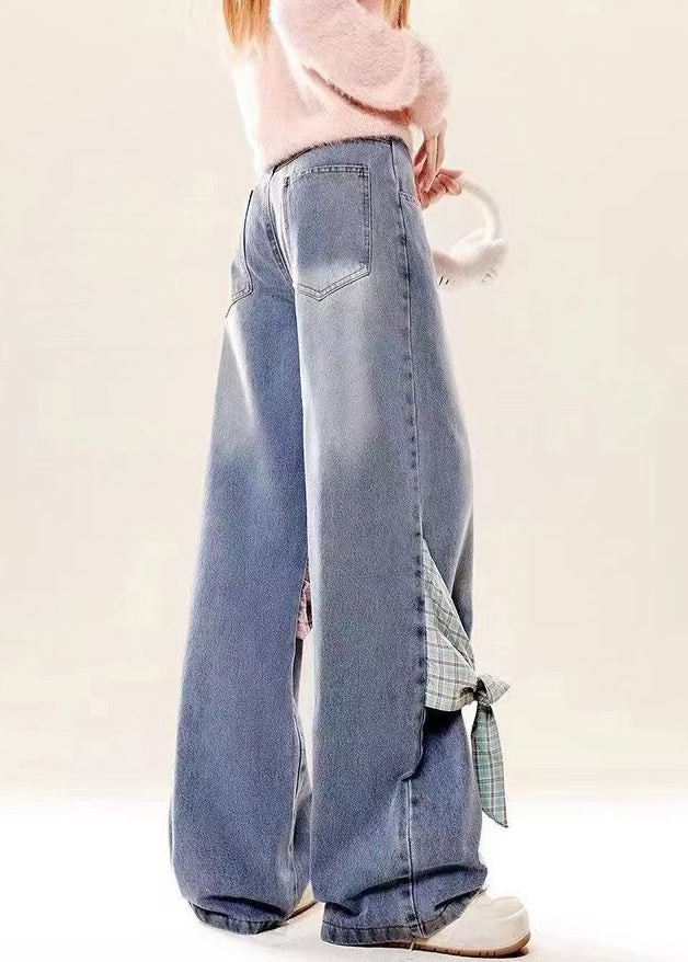 Bow Spring High Pockets Denim Pants Waist Loose Blue