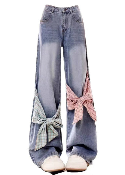 Bow Spring High Pockets Denim Pants Waist Loose Blue