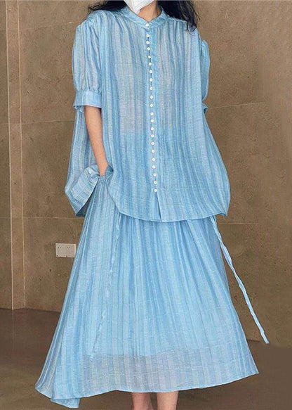Summer Loose Blue Two Button Skirts Blouses And Set Pieces Solid
