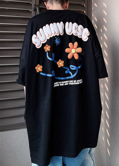 Sleeve Letter Men's Shirts T Half Floral Cotton Blue Loose