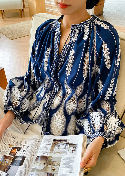 Up Blouses Cotton Loose Out Blue Lace Hollow Spring