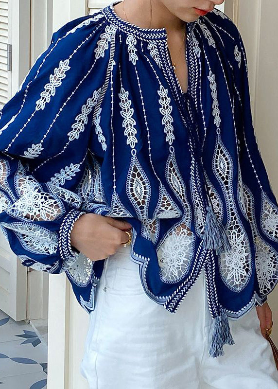Up Blouses Cotton Loose Out Blue Lace Hollow Spring