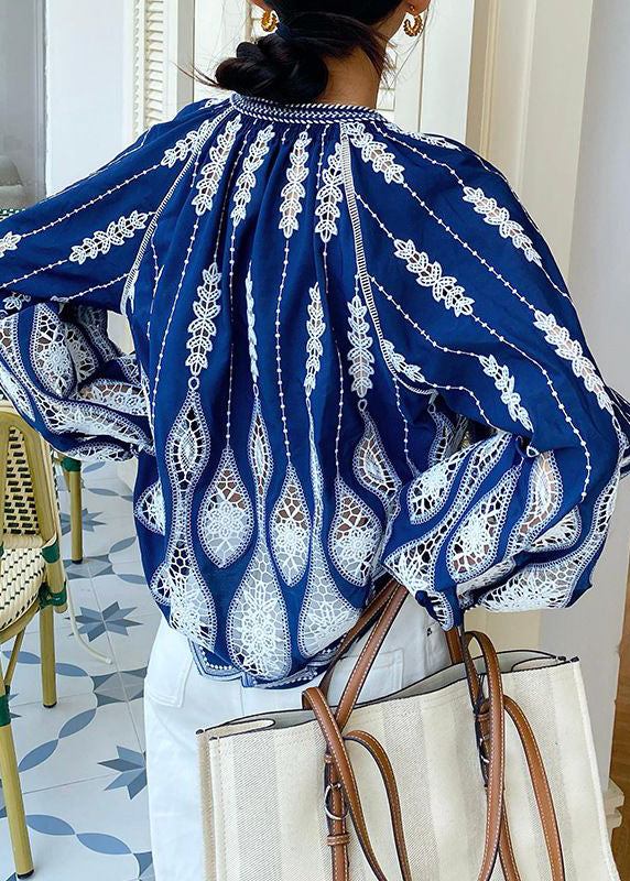 Up Blouses Cotton Loose Out Blue Lace Hollow Spring