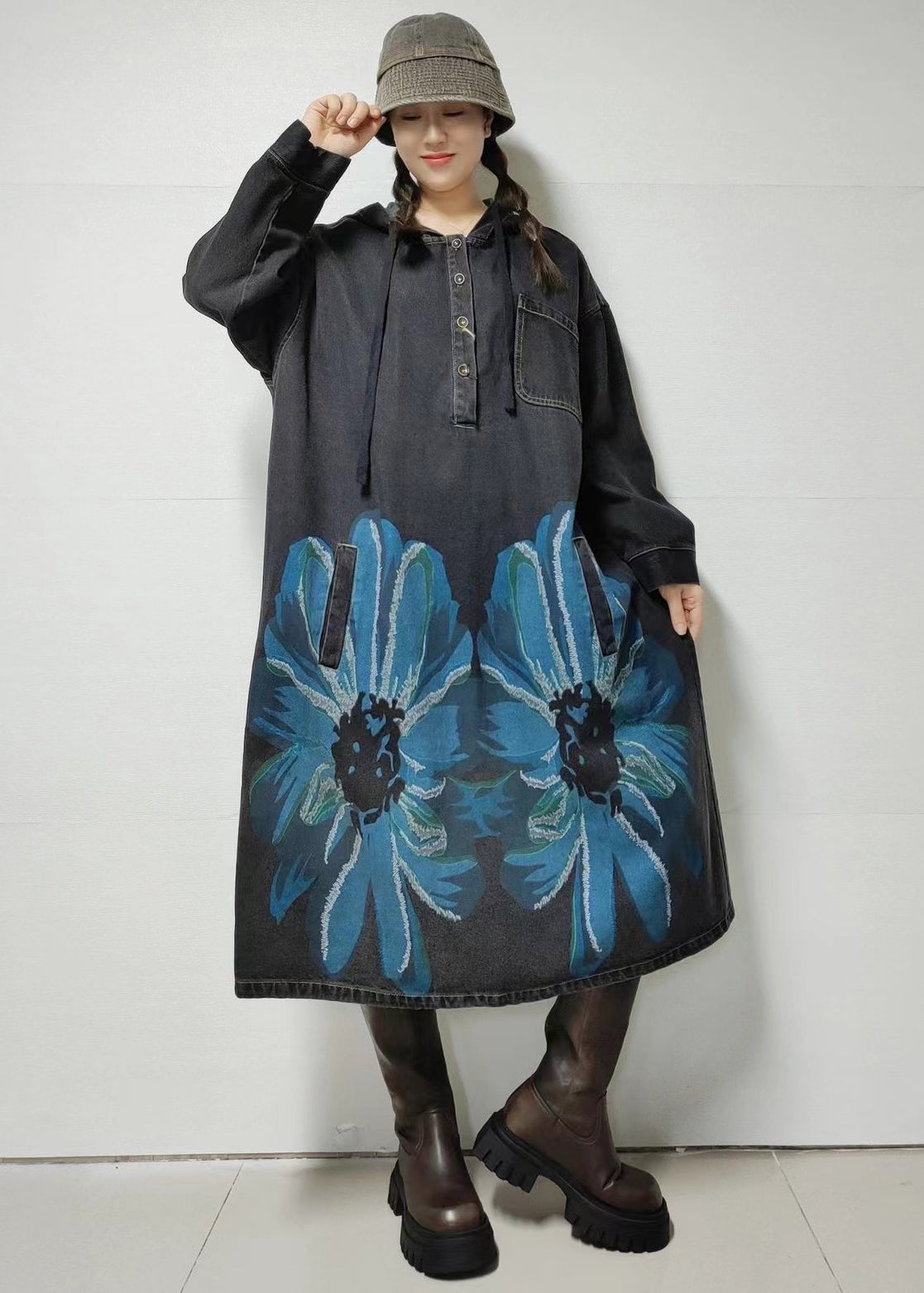 Loose Blue Hooded Print Denim Dress Long Sleeve MN058