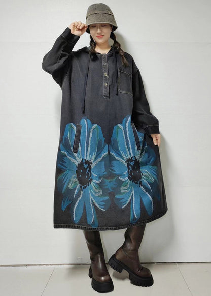 Loose Blue Hooded Print Denim Dress Long Sleeve MN058