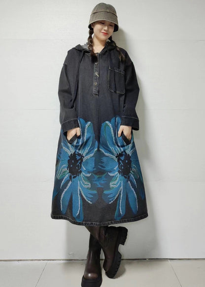 Loose Blue Hooded Print Denim Dress Long Sleeve MN058