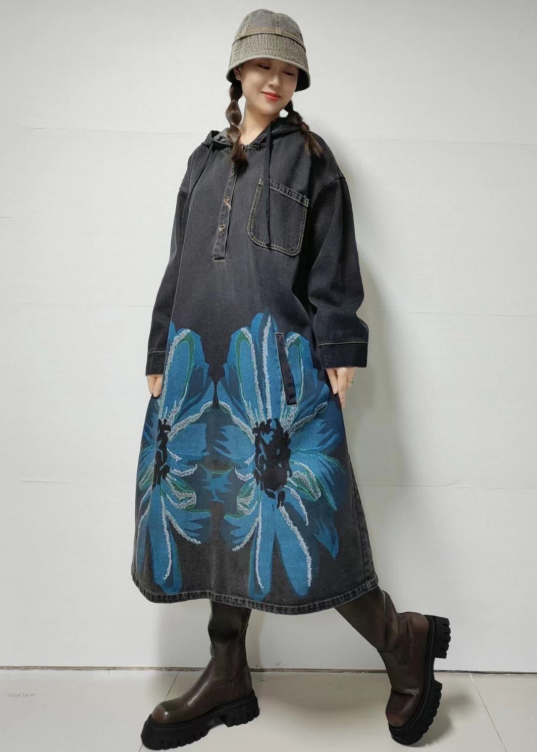 Loose Blue Hooded Print Denim Dress Long Sleeve MN058