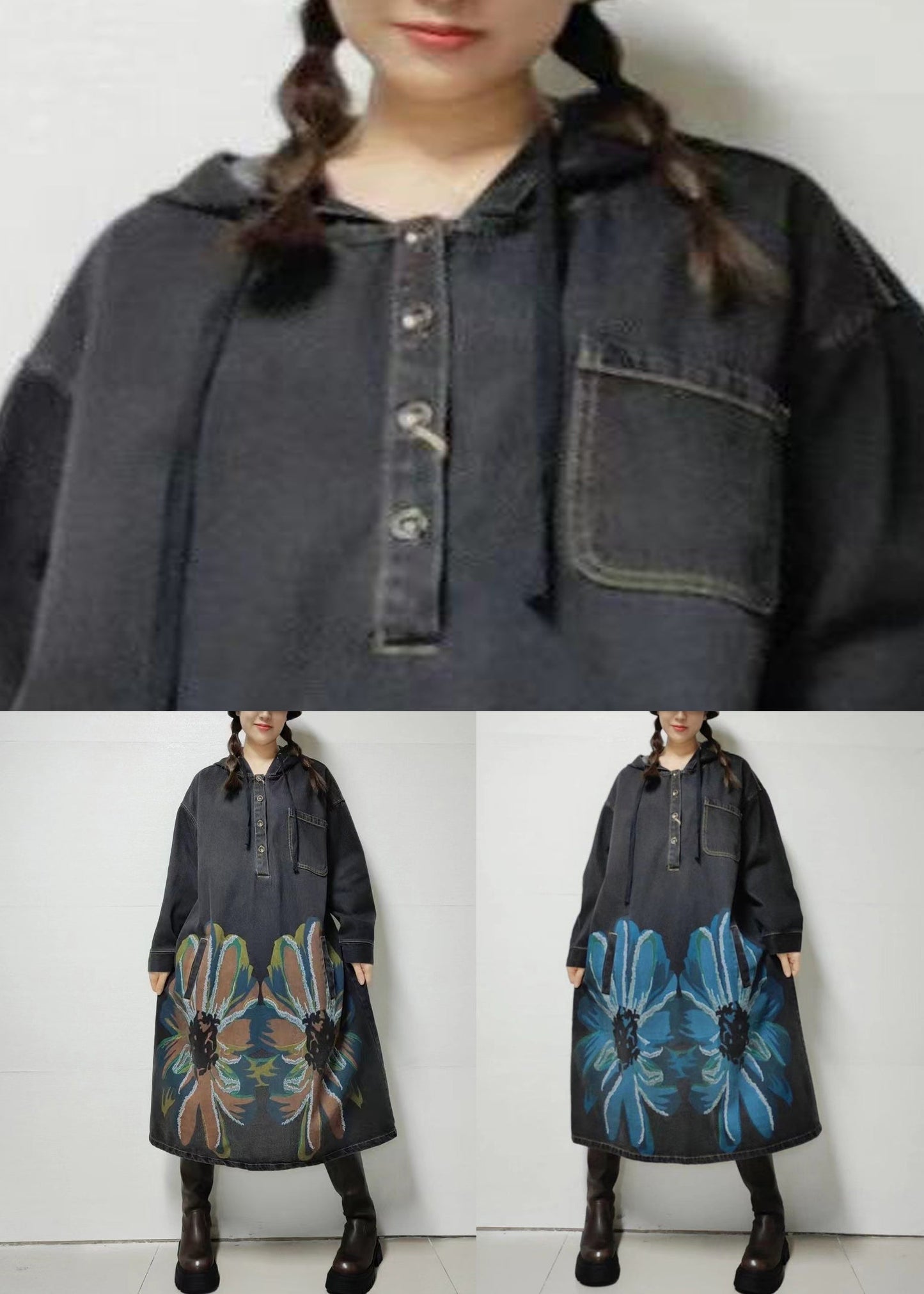 Loose Blue Hooded Print Denim Dress Long Sleeve MN058