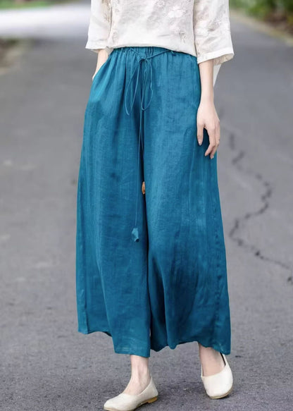 Elastic Summer Blue Loose Leg Waist Lace Cotton Up Wide Pants