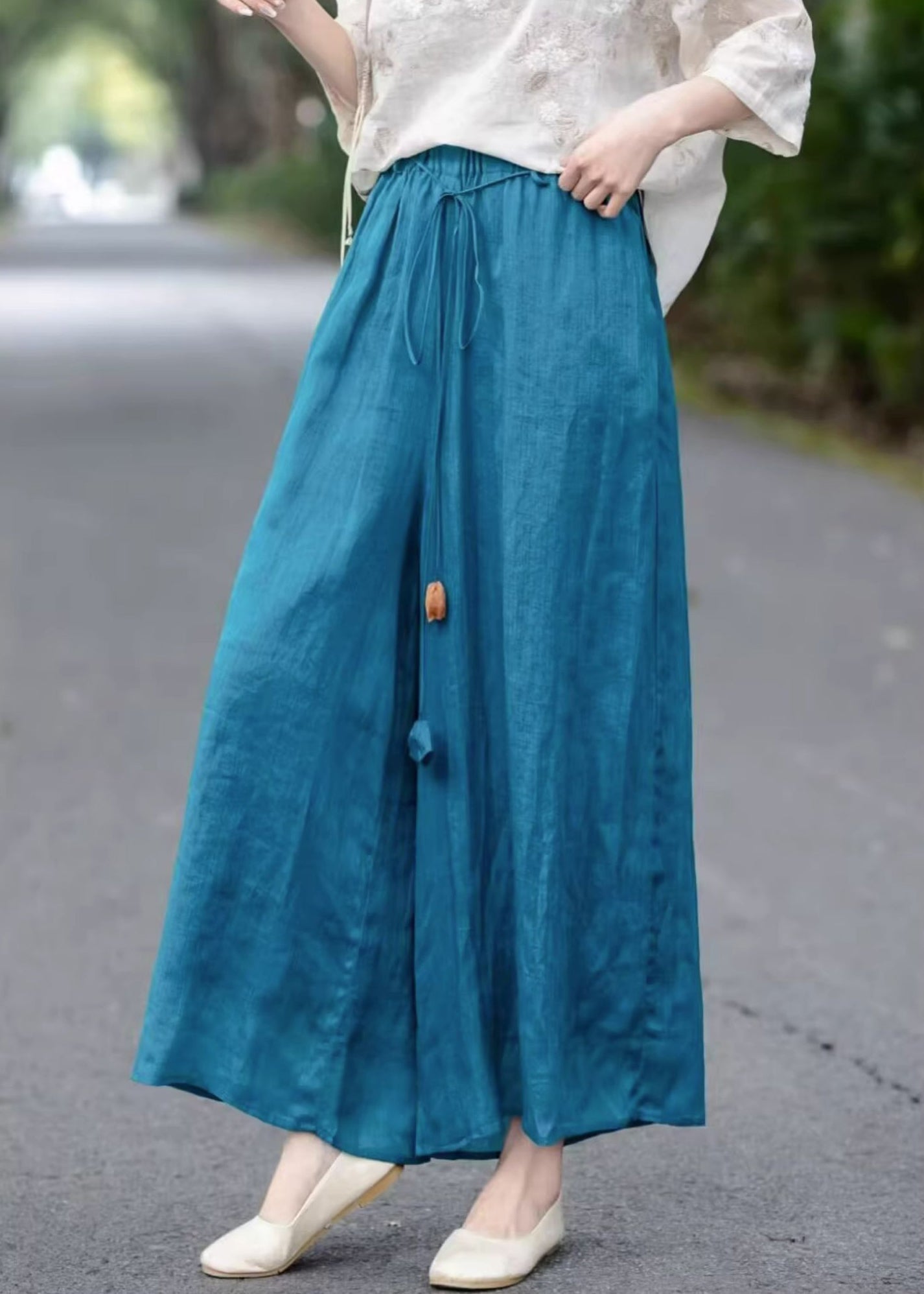 Elastic Summer Blue Loose Leg Waist Lace Cotton Up Wide Pants