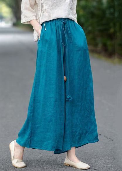 Elastic Summer Blue Loose Leg Waist Lace Cotton Up Wide Pants