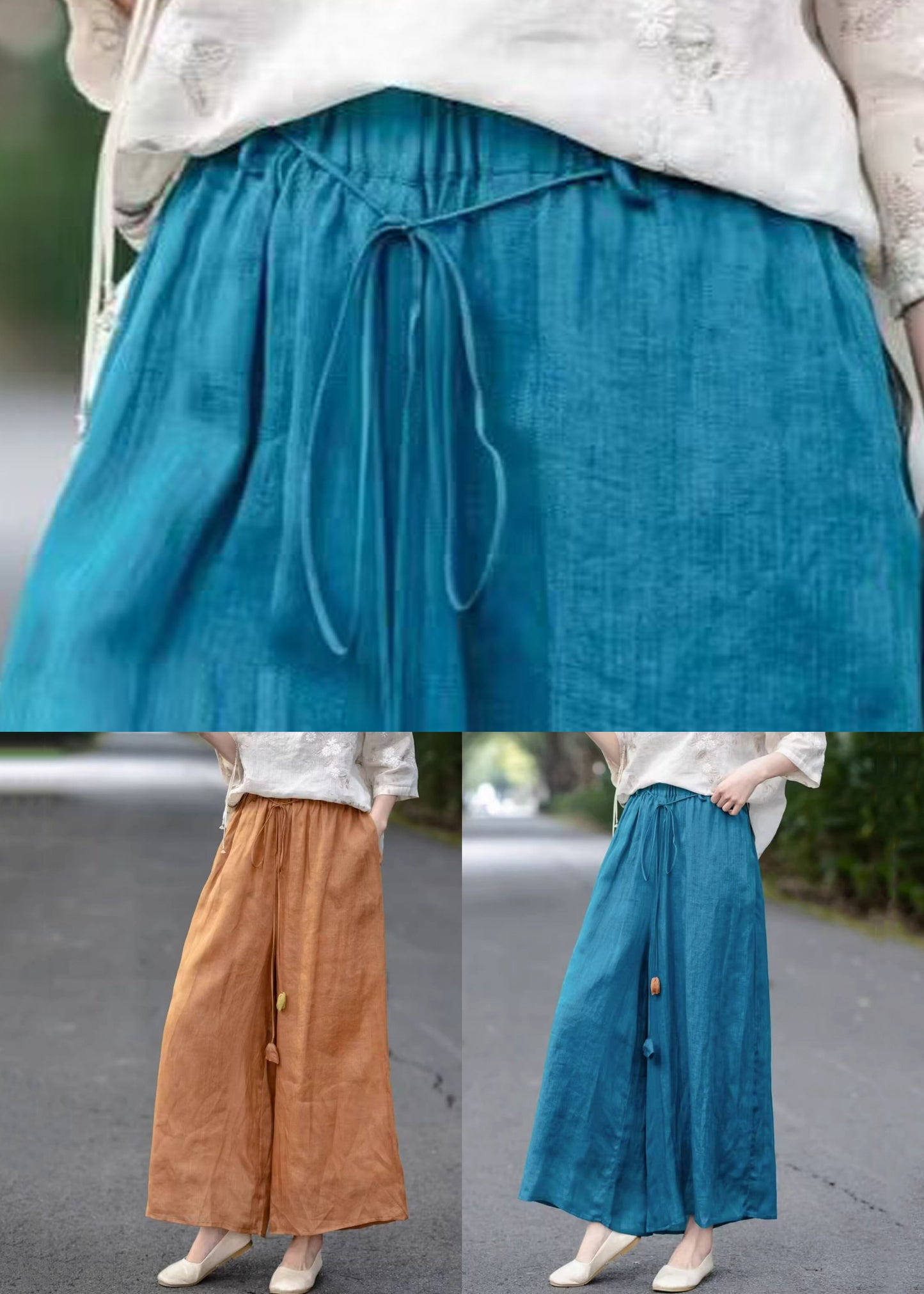 Leg Summer Elastic Up Cotton Lace Loose Blue Pants Wide Waist