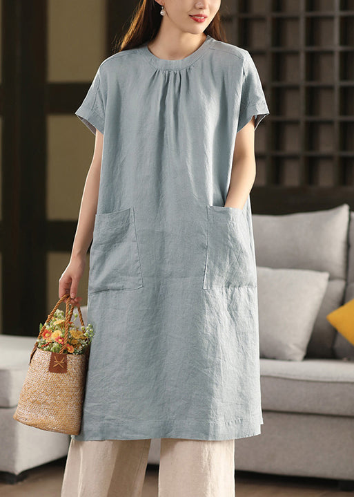Blue Summe Loose Dresses O-Neck Pockets Linen