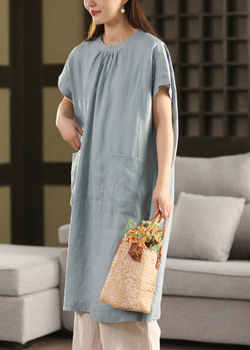 Blue Summe Loose Dresses O-Neck Pockets Linen