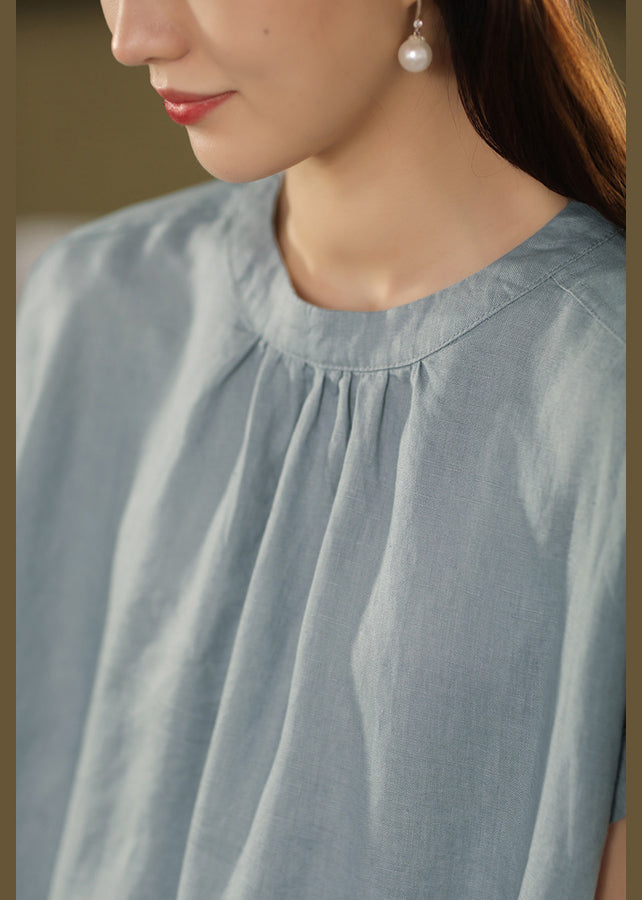 Blue Summe Loose Dresses O-Neck Pockets Linen