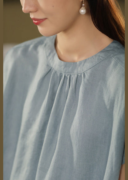 Blue Summe Loose Dresses O-Neck Pockets Linen