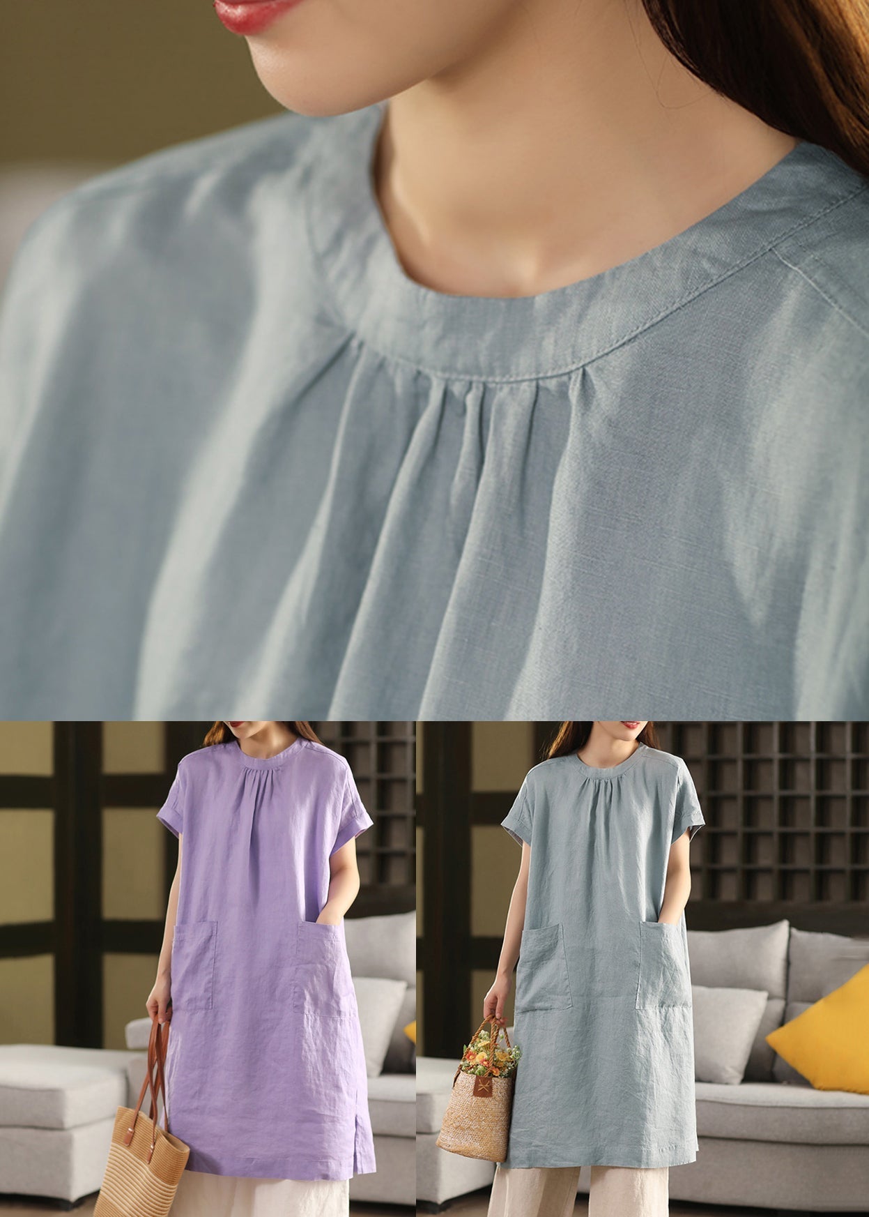Blue Summe Loose Dresses O-Neck Pockets Linen