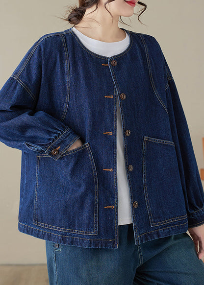 Loose Blue O-Neck Pockets Patchwork Denim Coats Long Sleeve UU047