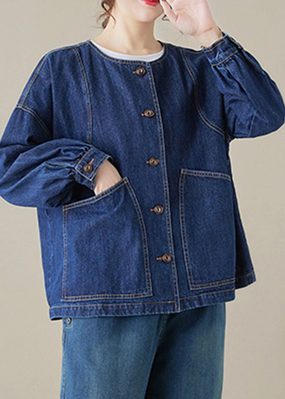 Loose Blue O-Neck Pockets Patchwork Denim Coats Long Sleeve UU047