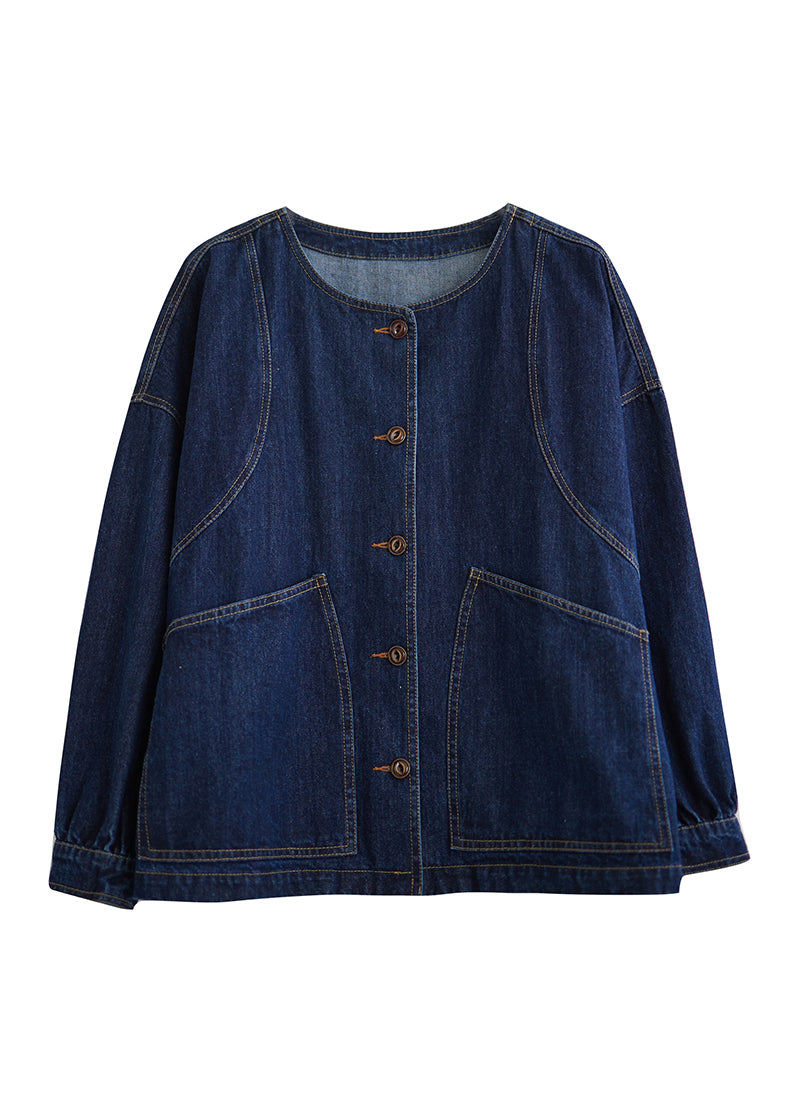 Loose Blue O-Neck Pockets Patchwork Denim Coats Long Sleeve UU047