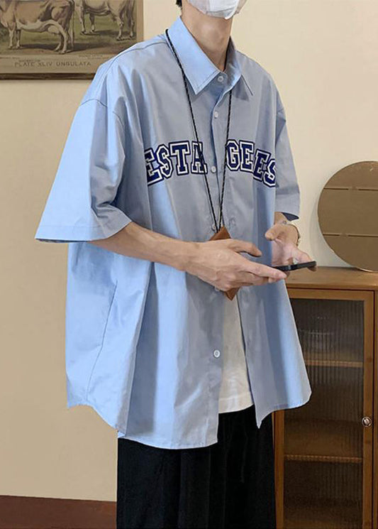 Summer Shirts Peter Letter Collar Blue Cotton Mens Loose Pan