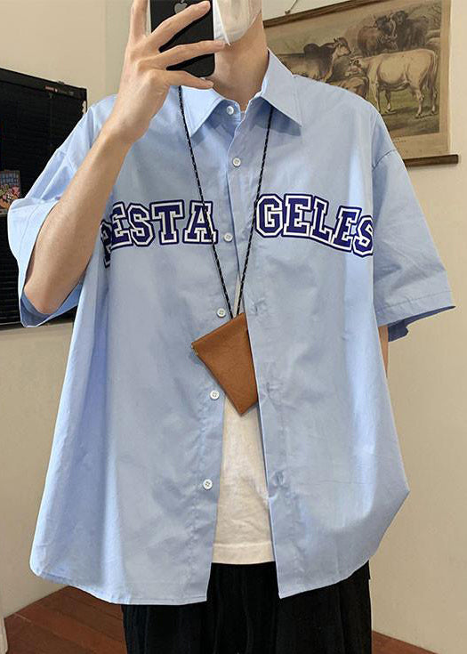 Summer Shirts Peter Letter Collar Blue Cotton Mens Loose Pan