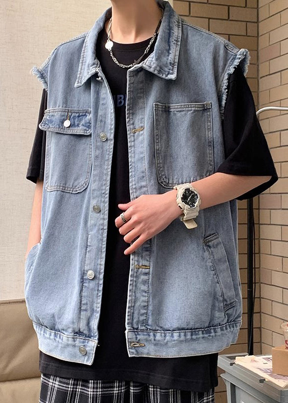 Waistcoat Blue Men Collar Pan Pockets Peter Loose Denim
