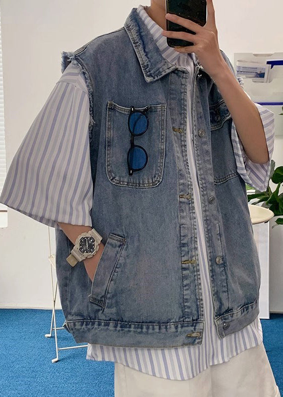 Waistcoat Blue Men Collar Pan Pockets Peter Loose Denim