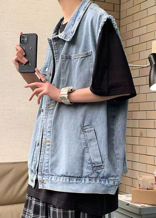 Waistcoat Blue Men Collar Pan Pockets Peter Loose Denim