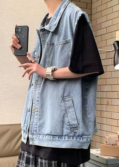 Waistcoat Blue Men Collar Pan Pockets Peter Loose Denim