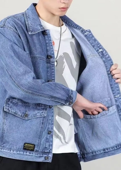 Spring Denim Peter Collar Loose Blue Mens Pockets Coats Pan
