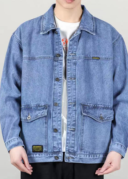 Spring Denim Peter Collar Loose Blue Mens Pockets Coats Pan
