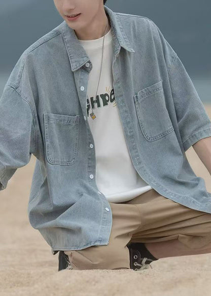 Blue Mens Pan Shirts Spring Pockets Loose Peter Denim Collar