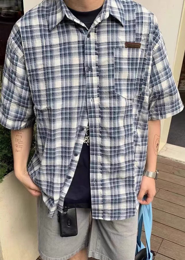 Men's Blue Summer Shirts Plaid Loose Cotton Button