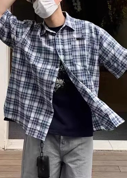 Men's Blue Summer Shirts Plaid Loose Cotton Button