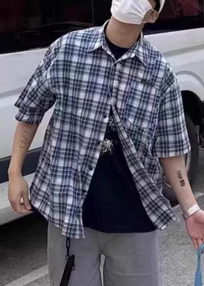 Men's Blue Summer Shirts Plaid Loose Cotton Button