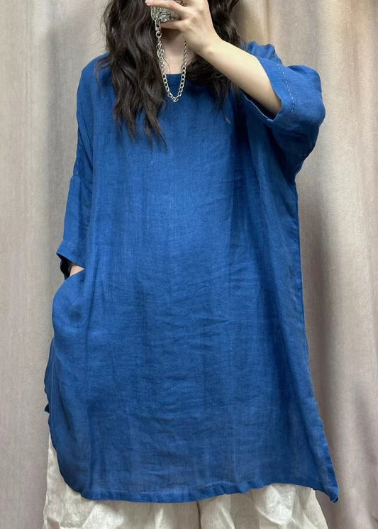 Loose Blue Pockets Side Open Linen Tops Bracelet Sleeve VV090