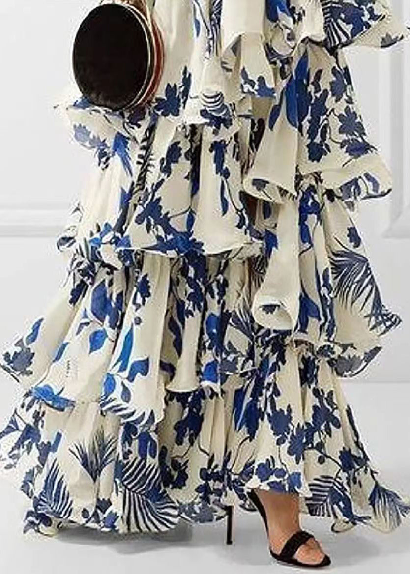 Robe longue ample en coton bleu à volants et imprimé sans manches BB038