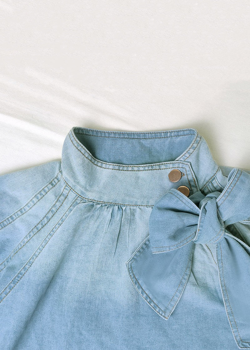 Sleeve Lace Lantern Denim Shirt Loose Collar Up Stand Blue