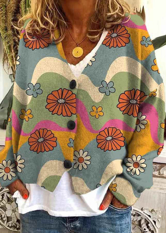 Loose Neck Spring Print V Button Knit Cardigan Blue