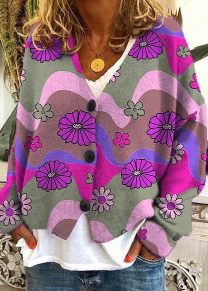 Loose Neck Spring Print V Button Knit Cardigan Blue