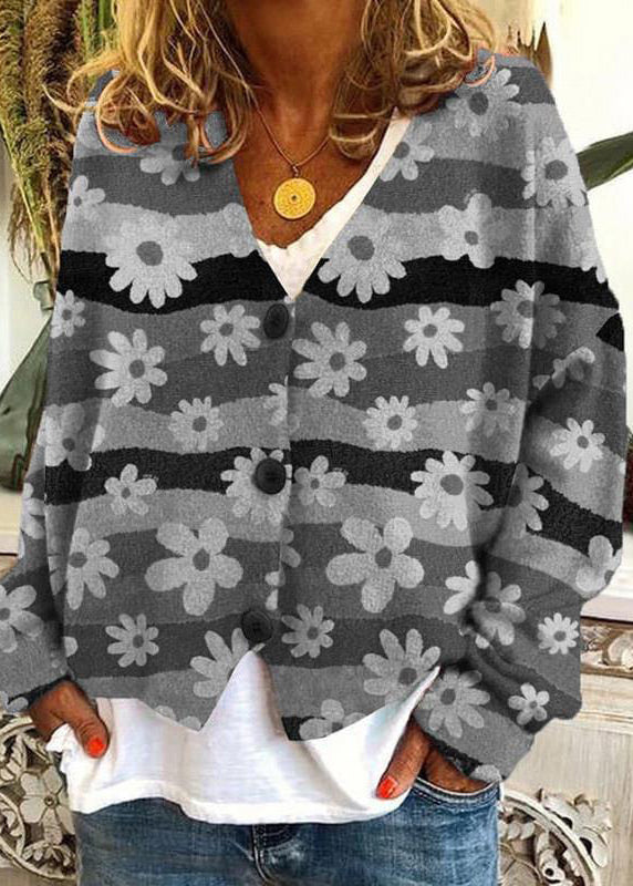 Loose Neck Spring Print V Button Knit Cardigan Blue