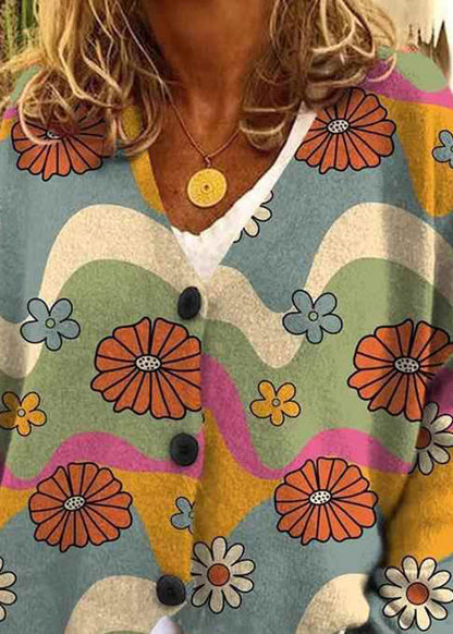 Loose Neck Spring Print V Button Knit Cardigan Blue