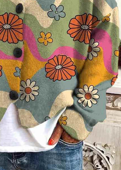 Loose Neck Spring Print V Button Knit Cardigan Blue