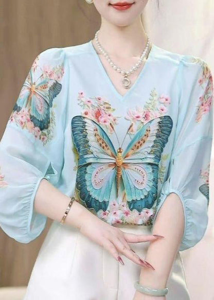 Sleeve V Shirt Print Blue Neck Loose Chiffon Bracelet